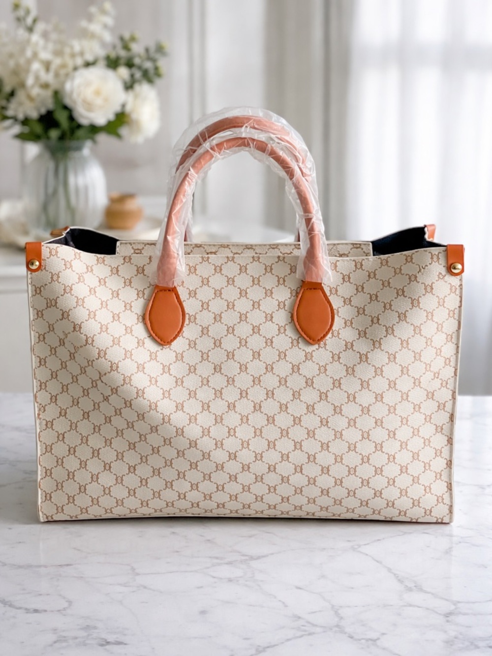 Beige Monogram Canvas Tote with Tan Trim
